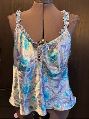 Floral Lace-Up Satin Cami Pajama Top — Blue